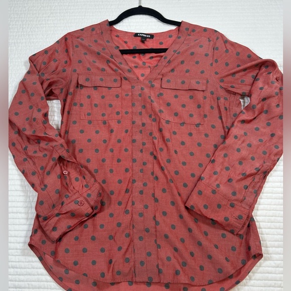 Express Brick Red Sheer Blouse w/ Gray Polka Dots. Buttoned Relaxed Blouse. - Picture 6 of 9